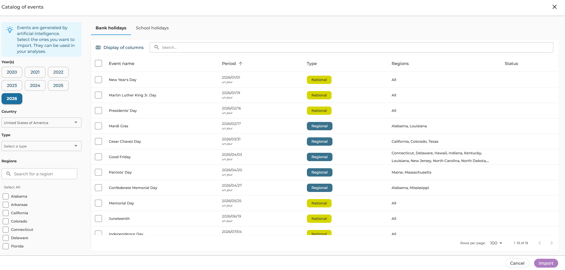 Screenshot of the Holidays/Events import feature in Eco-Visio analysis software