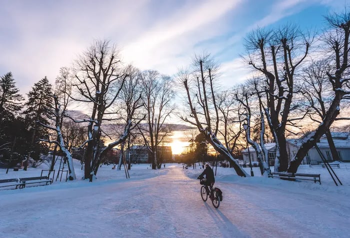 Cyclist in the winter in Oslo, Norway