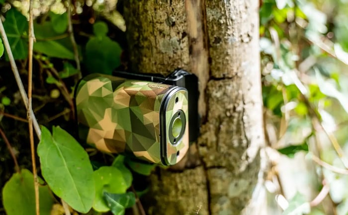 A Pyro Nano people counter attached to a tree